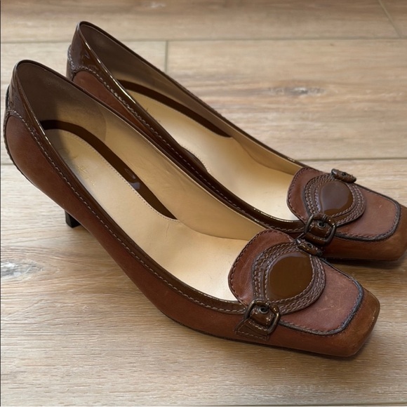 Cole Haan Brown Leather Pumps Brown Buckle Kitten Heel Women Shoes - Picture 15 of 16
